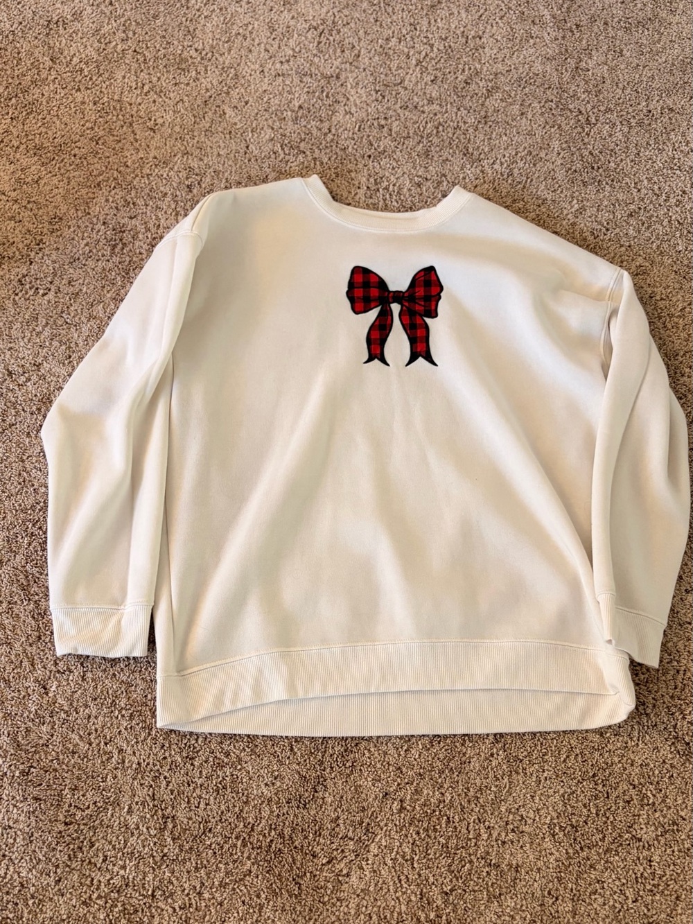 Cream Crewneck Sweatshirt with Red Plaid Bow Detail